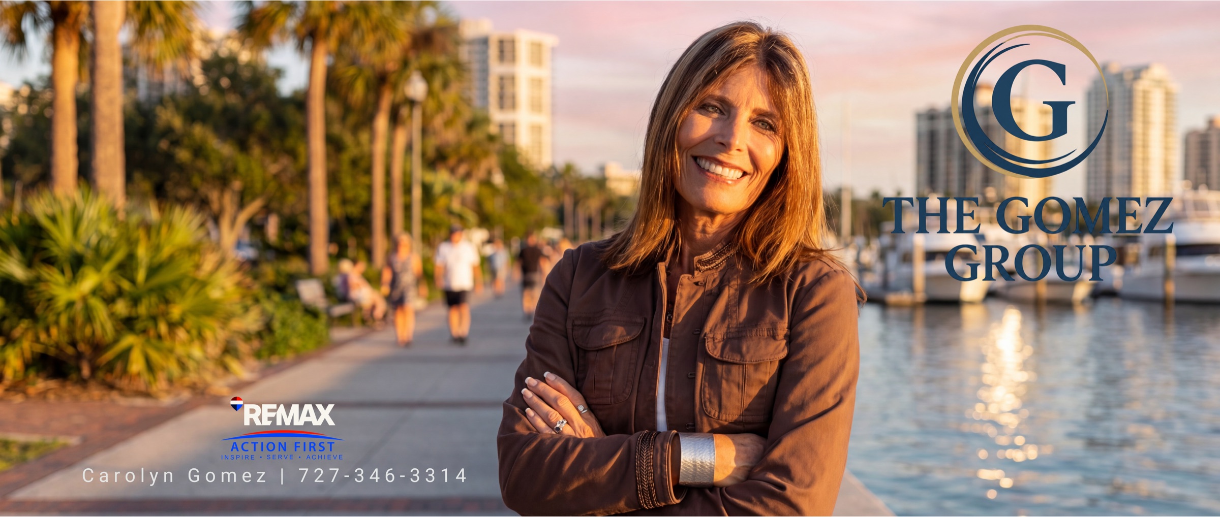 Carolyn Gomez on the St. Petersburg waterfront at golden hour, with The Gomez Group seal lockup in Storm Navy and Soft Brass and RE/MAX Action First co-branding
