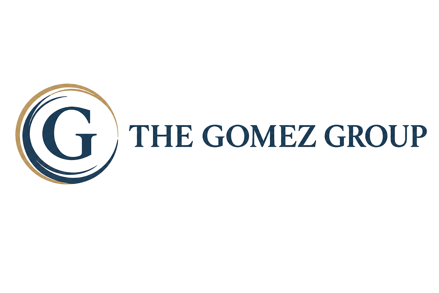 Horizontal lockup, full color: the seal left of the navy The Gomez Group wordmark on white