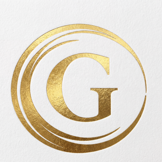 The monogram as a gold foil stamp on white