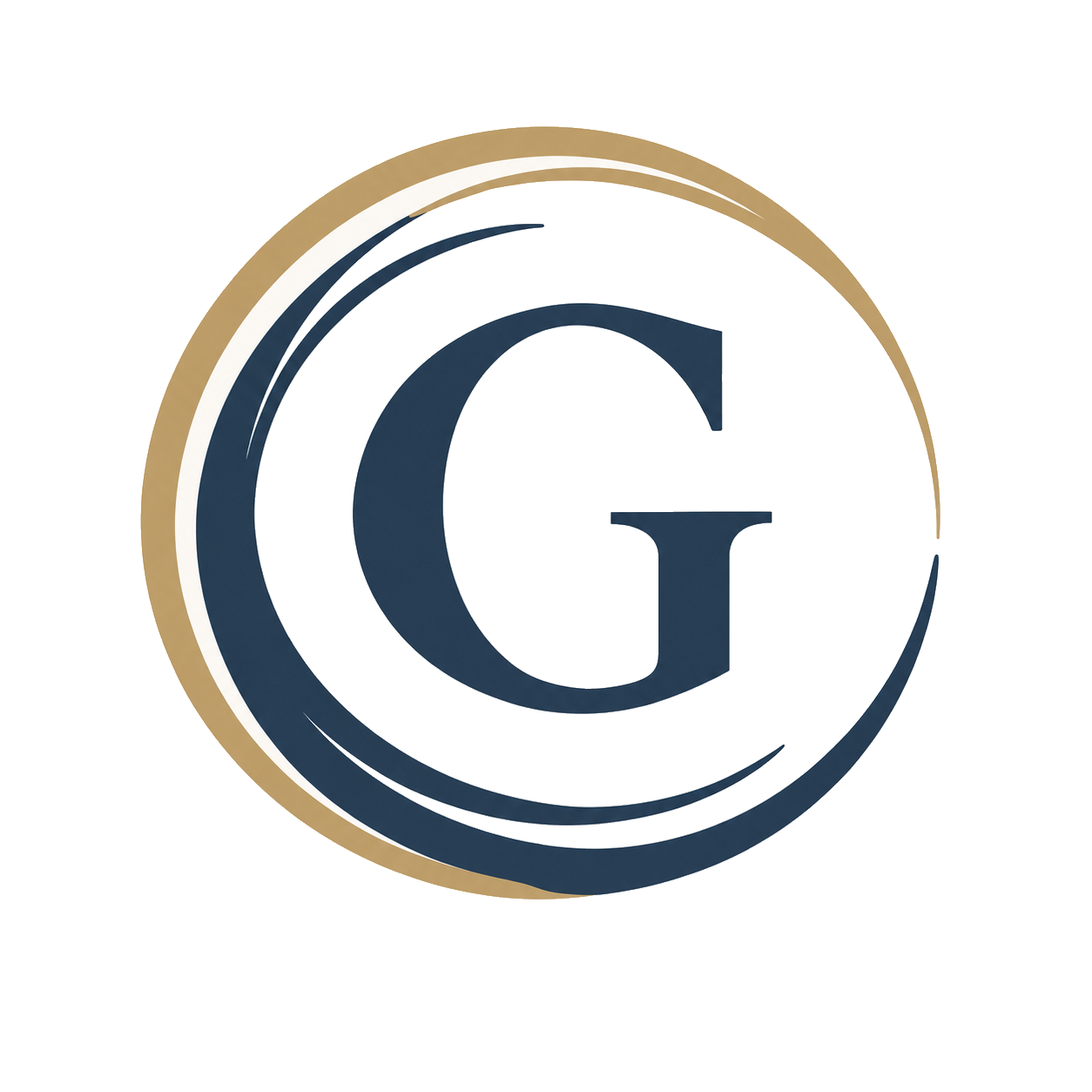 The Gomez Group monogram: a serif letter G cradled by a Storm Navy brushstroke wave and ringed in Soft Brass, sweeping around it like cresting water