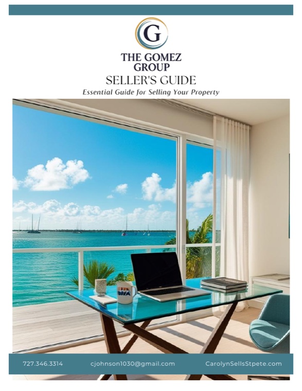 The Gomez Group Seller's Guide cover: seal lockup over a coastal home-office water view