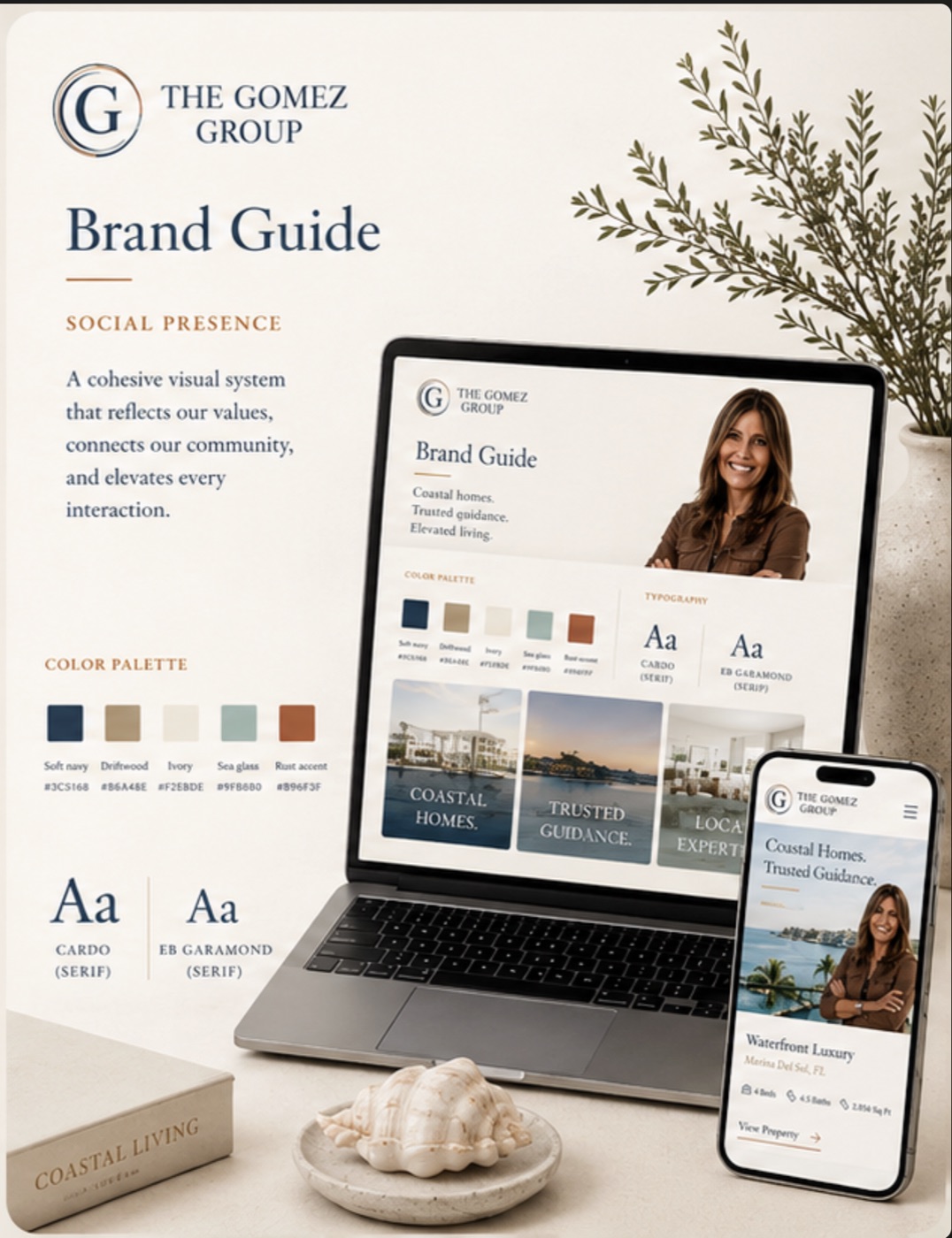 Social presence mockup: the brand on a laptop and a phone, with the Storm Navy and Soft Brass seal, the Gulf-side Nautical palette, Cardo and EB Garamond type, and a coastal photo grid