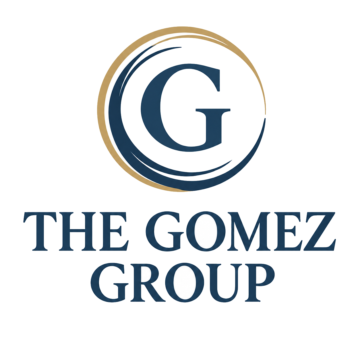 Primary lockup, full color: the Storm Navy seal above The Gomez Group wordmark in Storm Navy on white