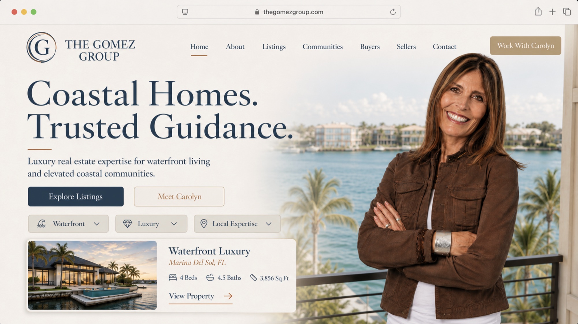 Website homepage header: Storm Navy and Soft Brass seal lockup and nav, the hero headline Coastal Homes. Trusted Guidance. with Carolyn over a waterfront, and a featured-listing card